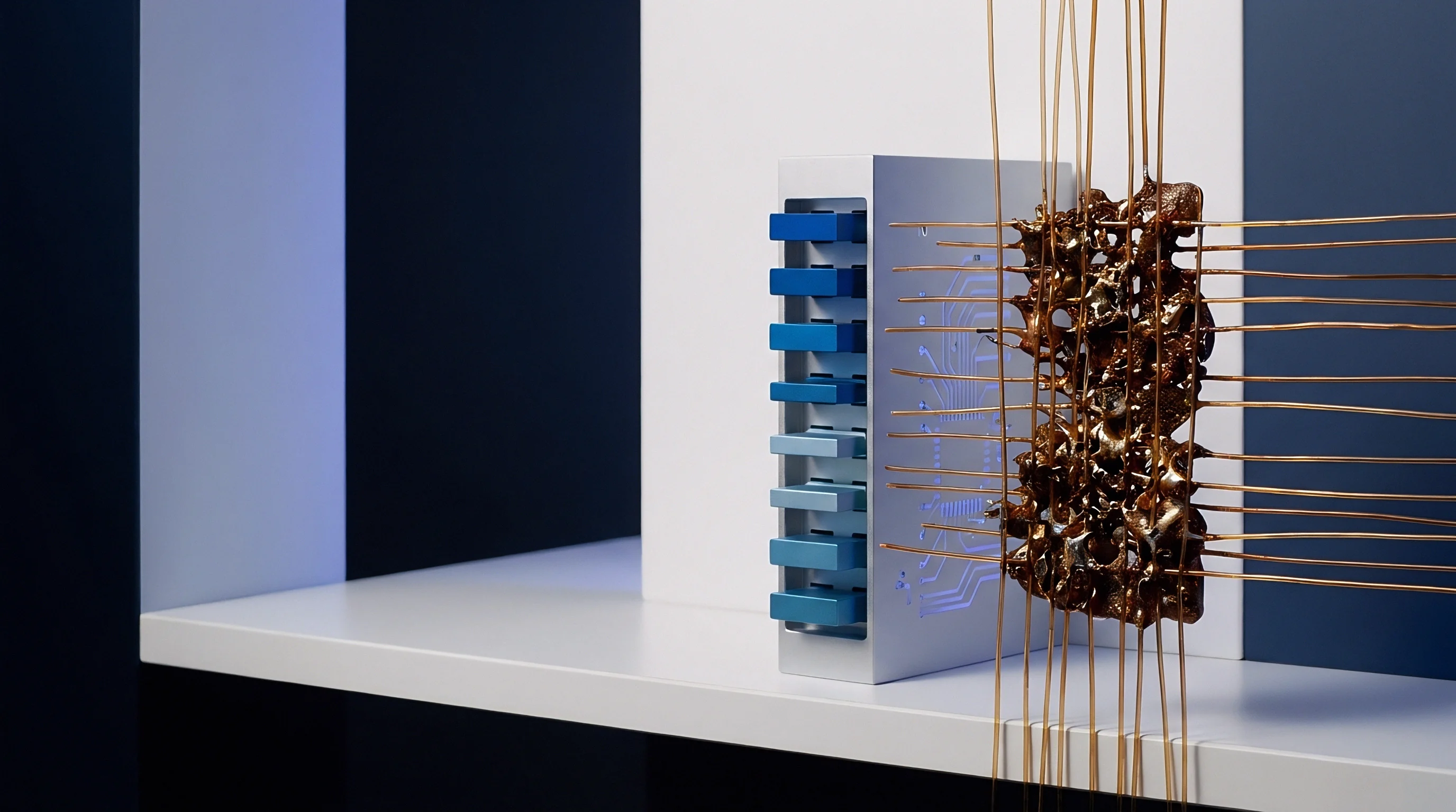 A conceptual display shows a structured electronic module and an irregular metallic component interconnected by fine copper-colored wires on a white shelf.