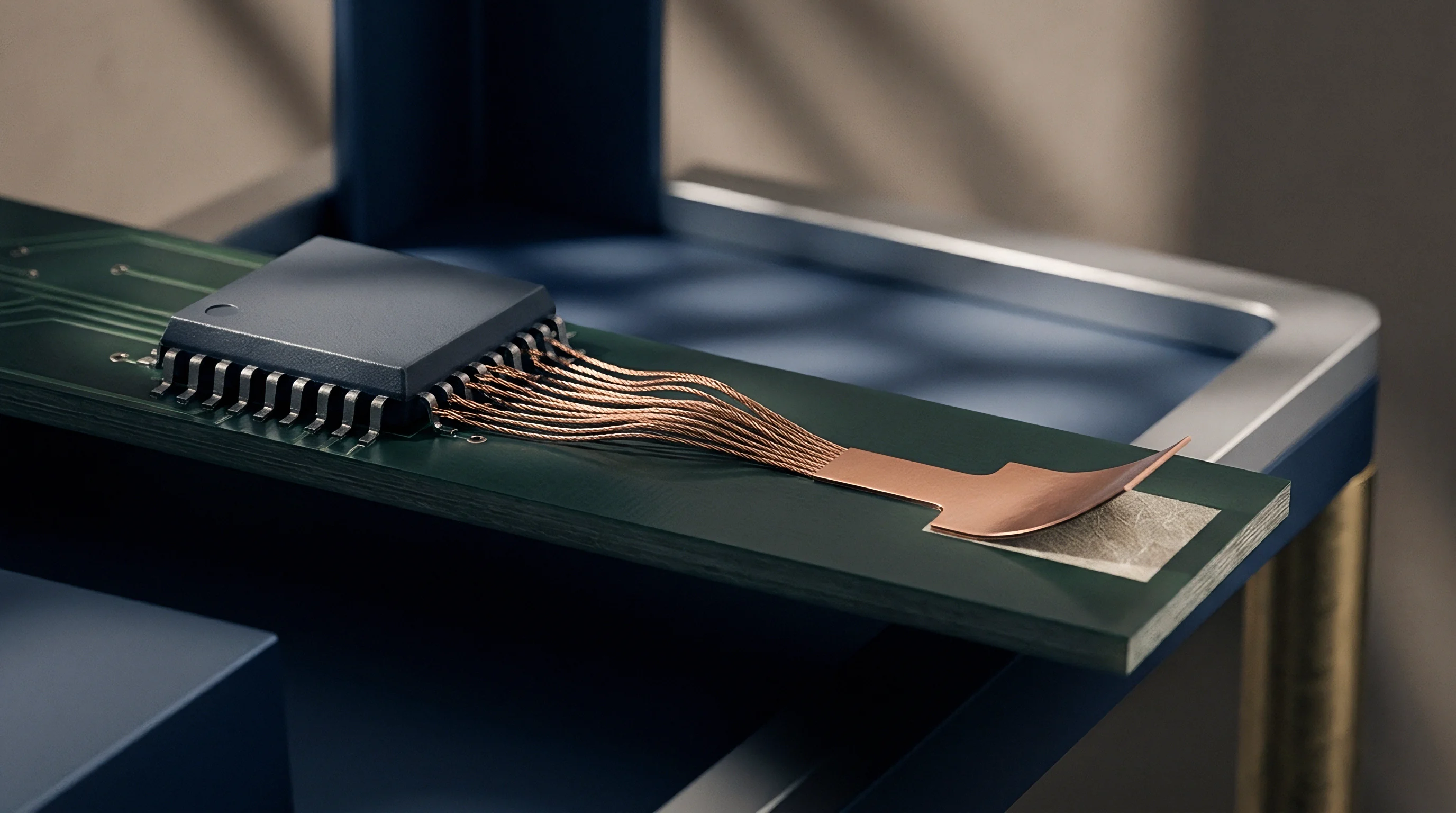 A black surface mount integrated circuit chip is connected by fine braided copper wires to a flexible ribbon cable on a green printed circuit board.