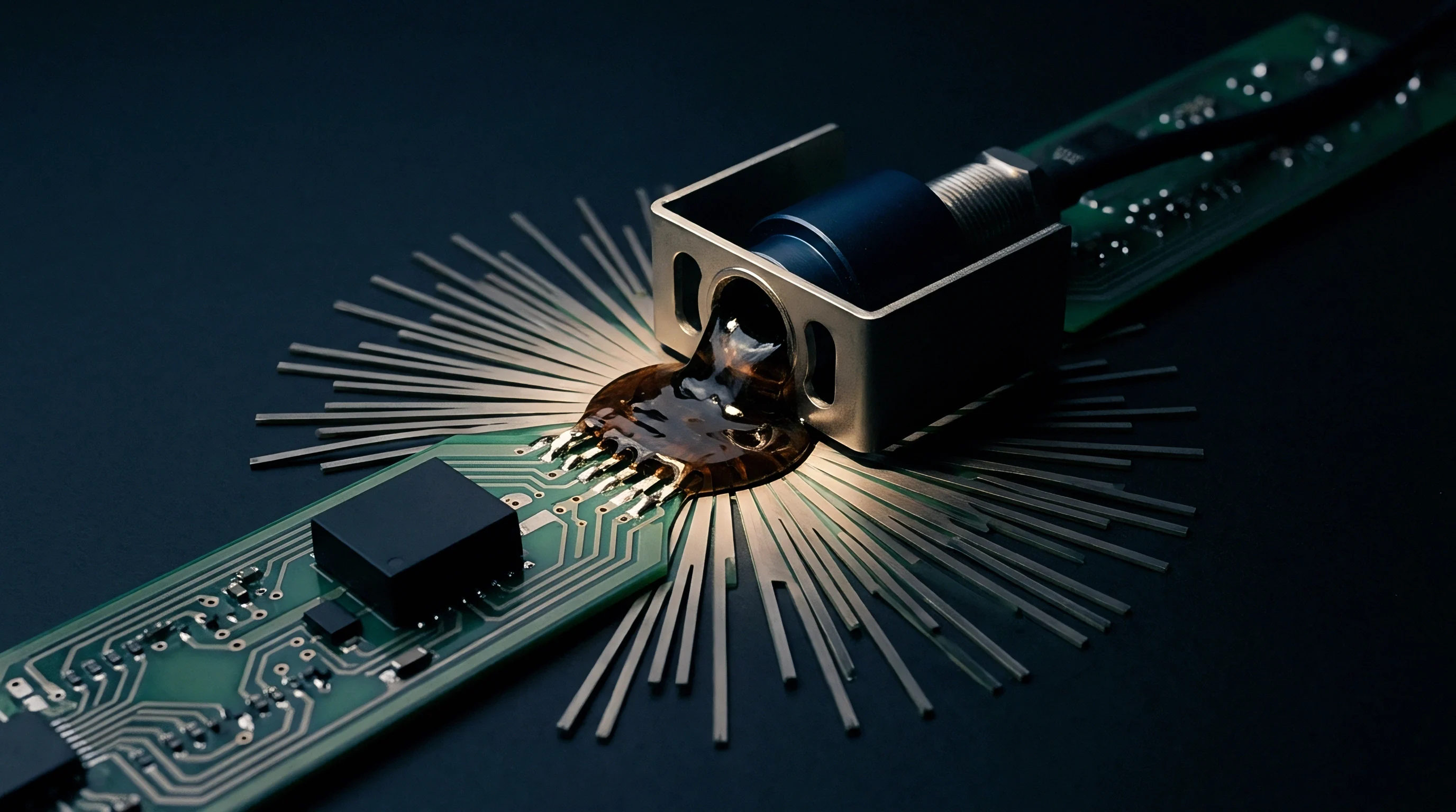 A digital illustration shows a dispensing nozzle applying viscous resin onto a circuit board with fanning metallic pins.