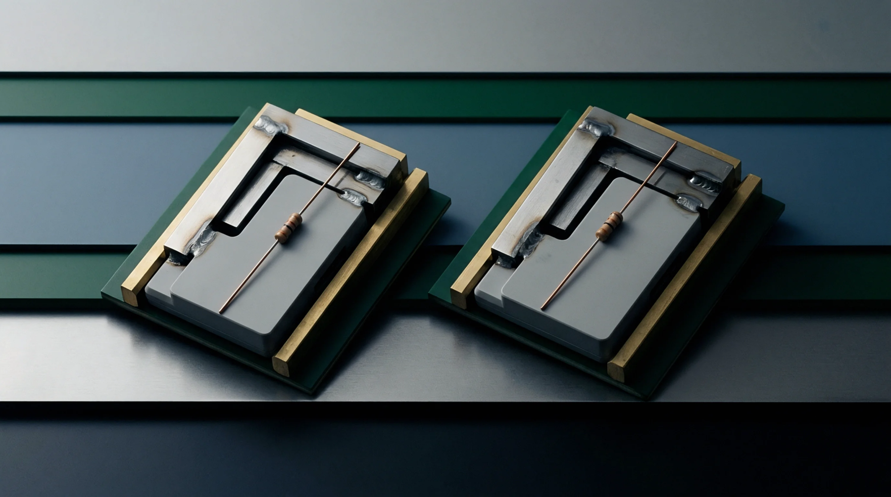 Two identical hybrid microelectronic subassemblies with soldered axial resistors lie on a striped metallic background in a digital illustration.