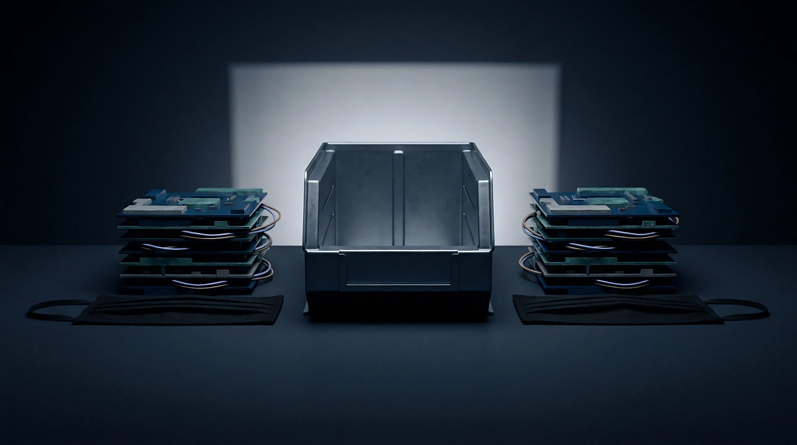 A metal storage bin sits between two stacks of printed circuit boards and protective masks on a dark workbench.