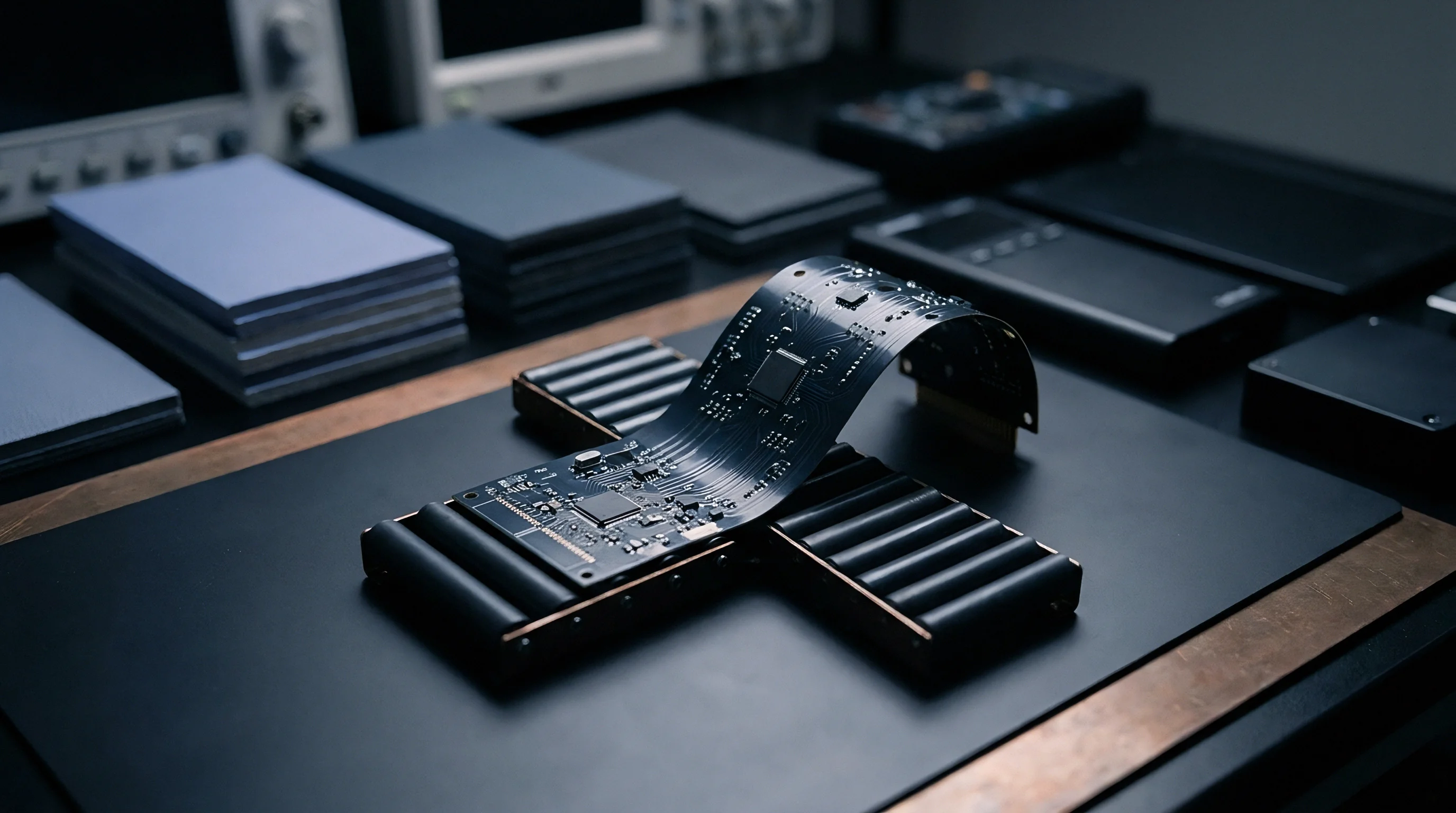 A flexible printed circuit board rests across mechanical rollers on a dark laboratory surface near test instrumentation and electronic assembly tools.