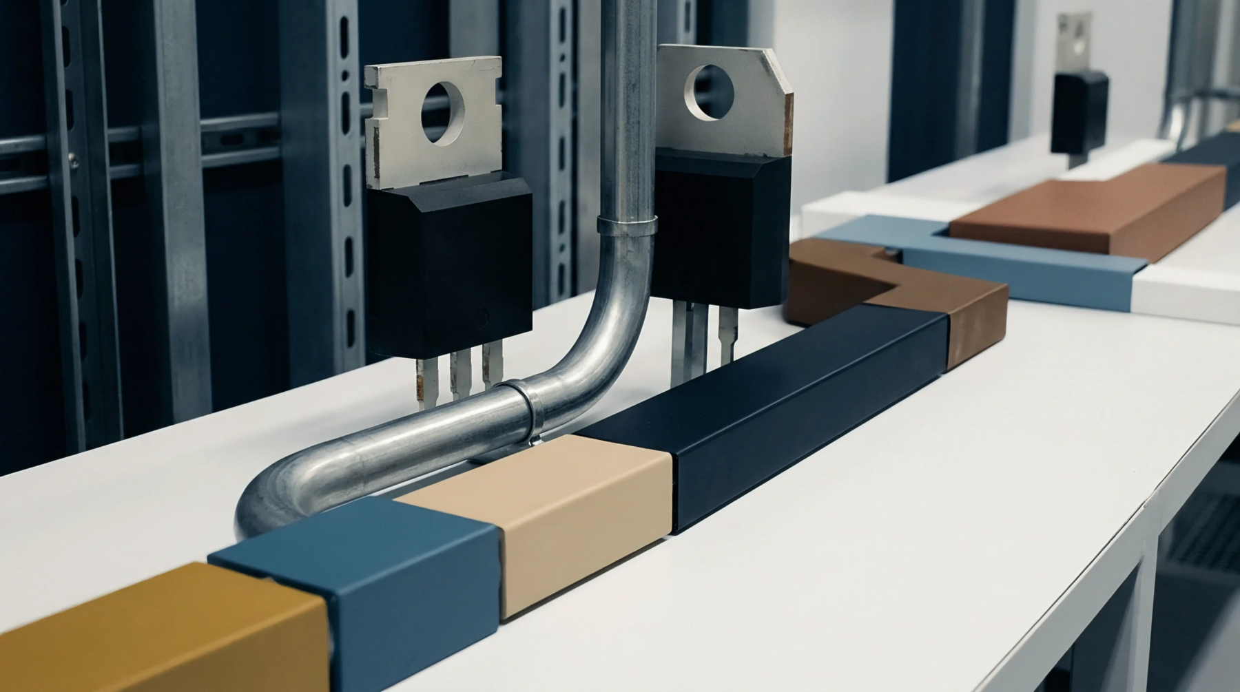 TO 247 packaged power semiconductors stand beside rigid metal conduit tubing mounted on an industrial surface alongside painted structural blocks.
