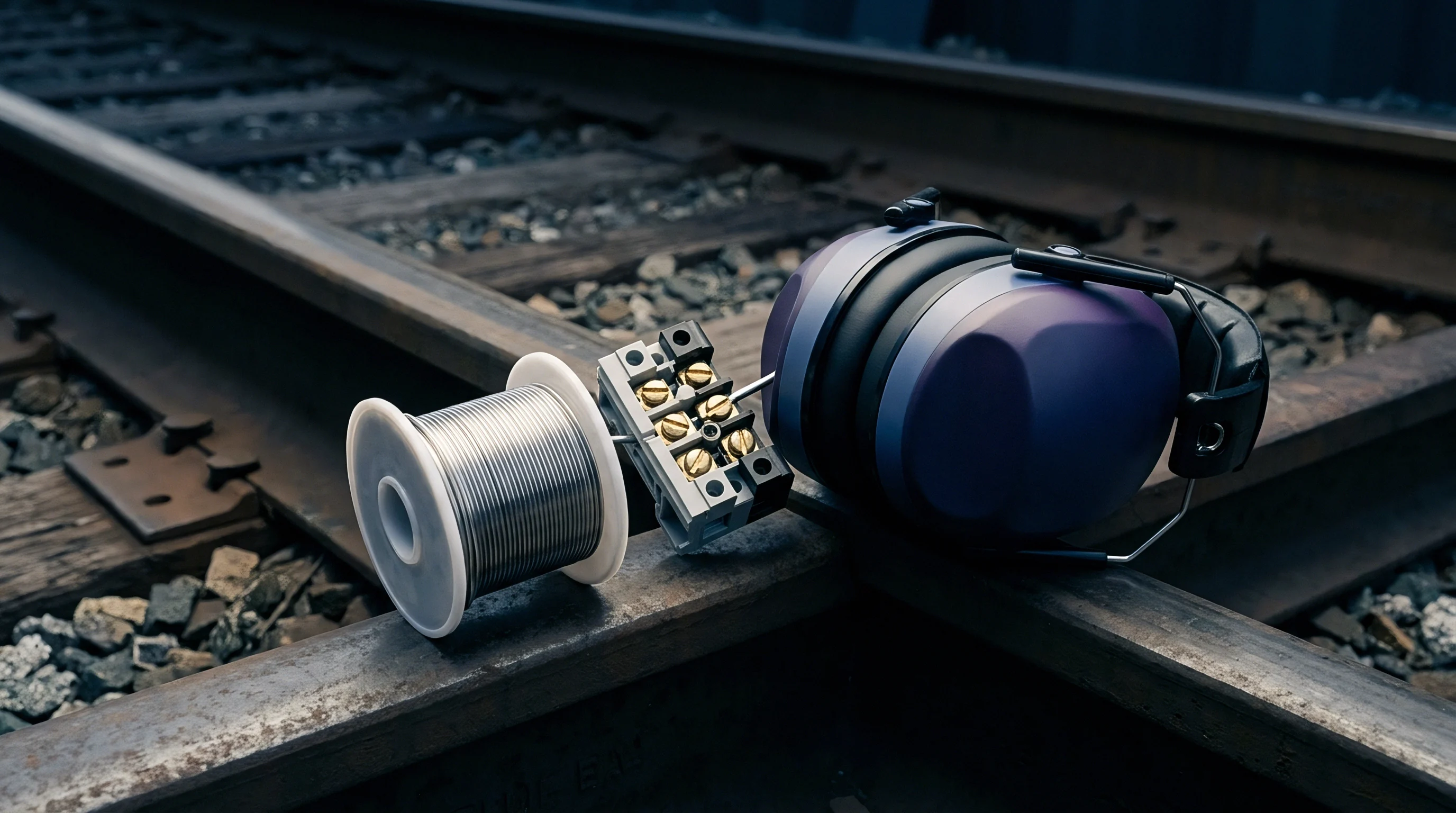 Solder wire on a plastic spool sits with a multi way terminal block and purple safety earmuffs on industrial railway tracks.