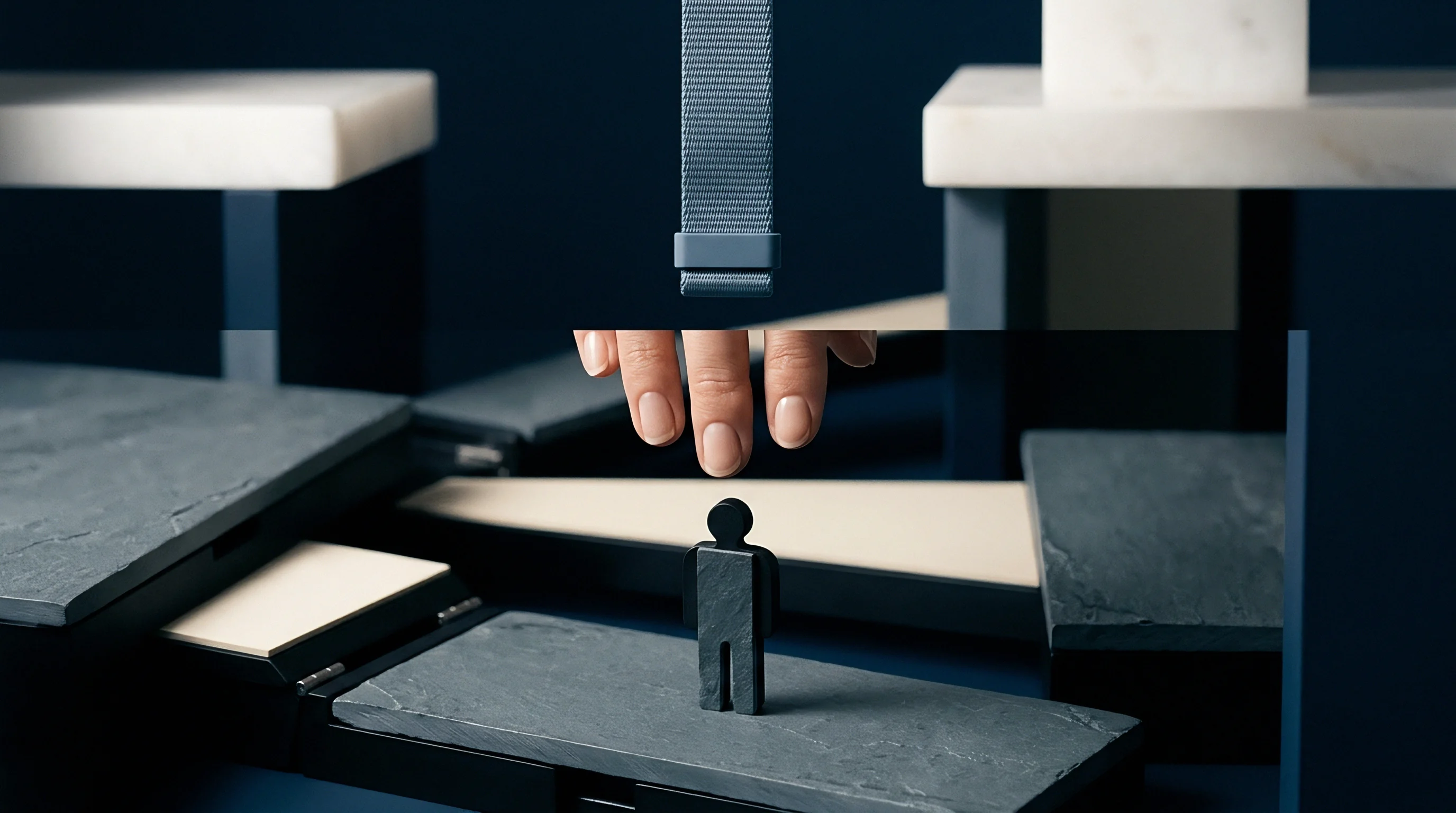 A miniature figure stands on dark slate platforms beneath a reaching hand and a suspended textile strap in this digital illustration.