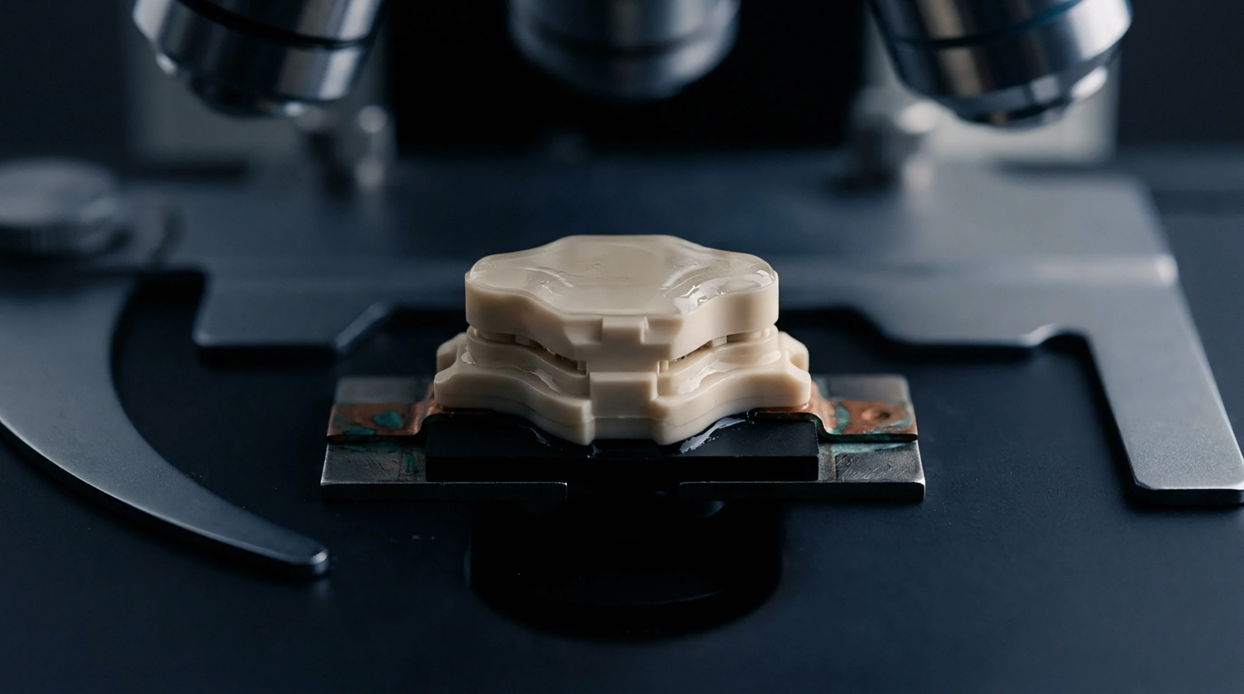 A molded electronic component housing sits on a microscope stage directly beneath the metal objective lenses for high magnification inspection.