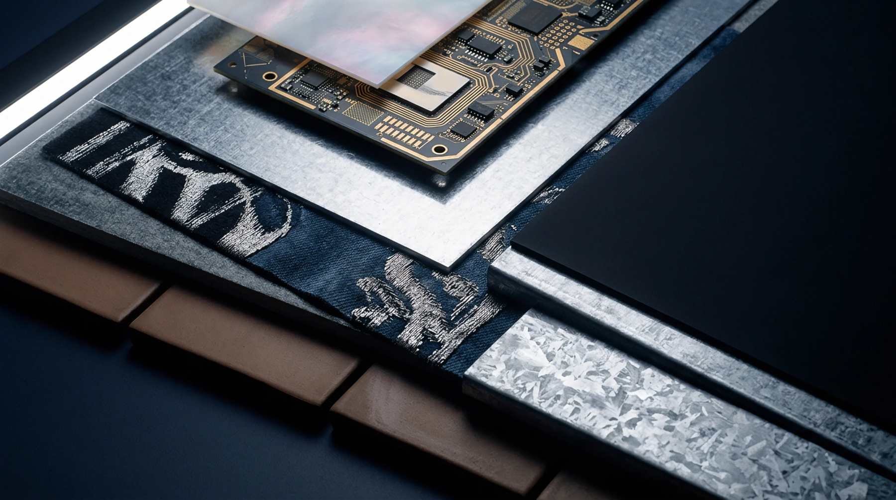 Layered electronic hardware cross section features populated printed circuit boards resting atop metallic sheets and woven textile composites.