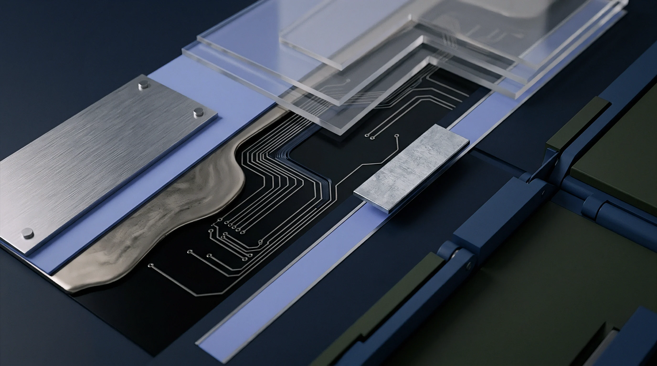 A digital render presents a multilayered circuit board featuring copper traces, metallic plates, transparent substrate layers, and viscous thermal interface materials.