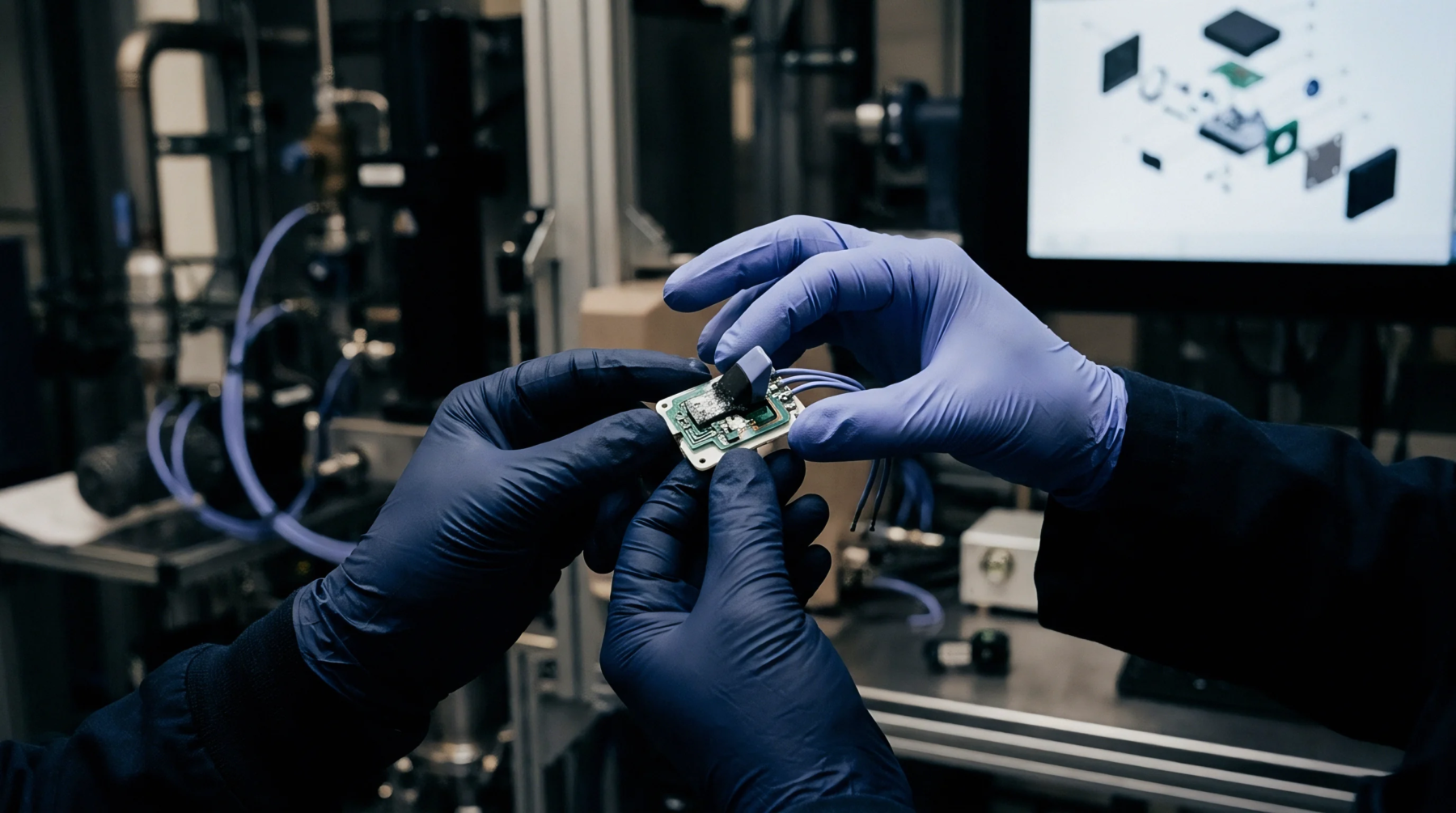 Two gloved hands carefully manipulate a small populated circuit board, possibly during microelectronics assembly or a critical inspection process.