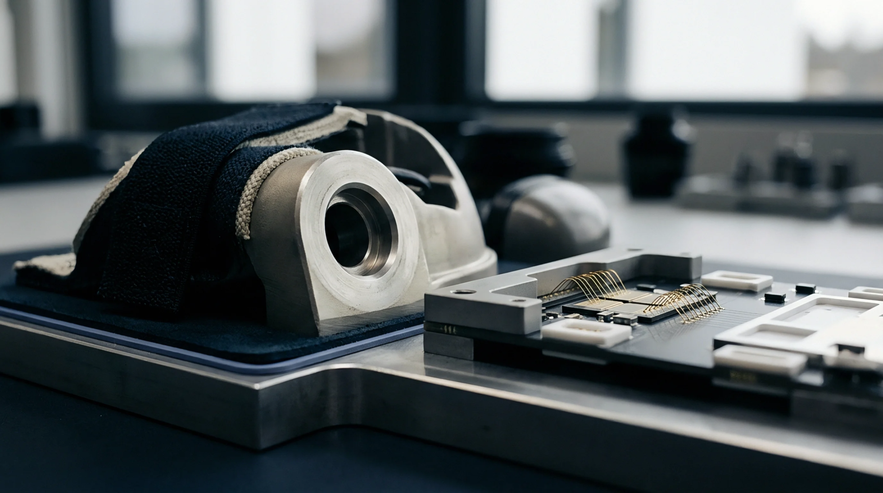Precision machined aluminum housing sits beside an electronic substrate featuring visible gold wire bonding in a controlled manufacturing environment.