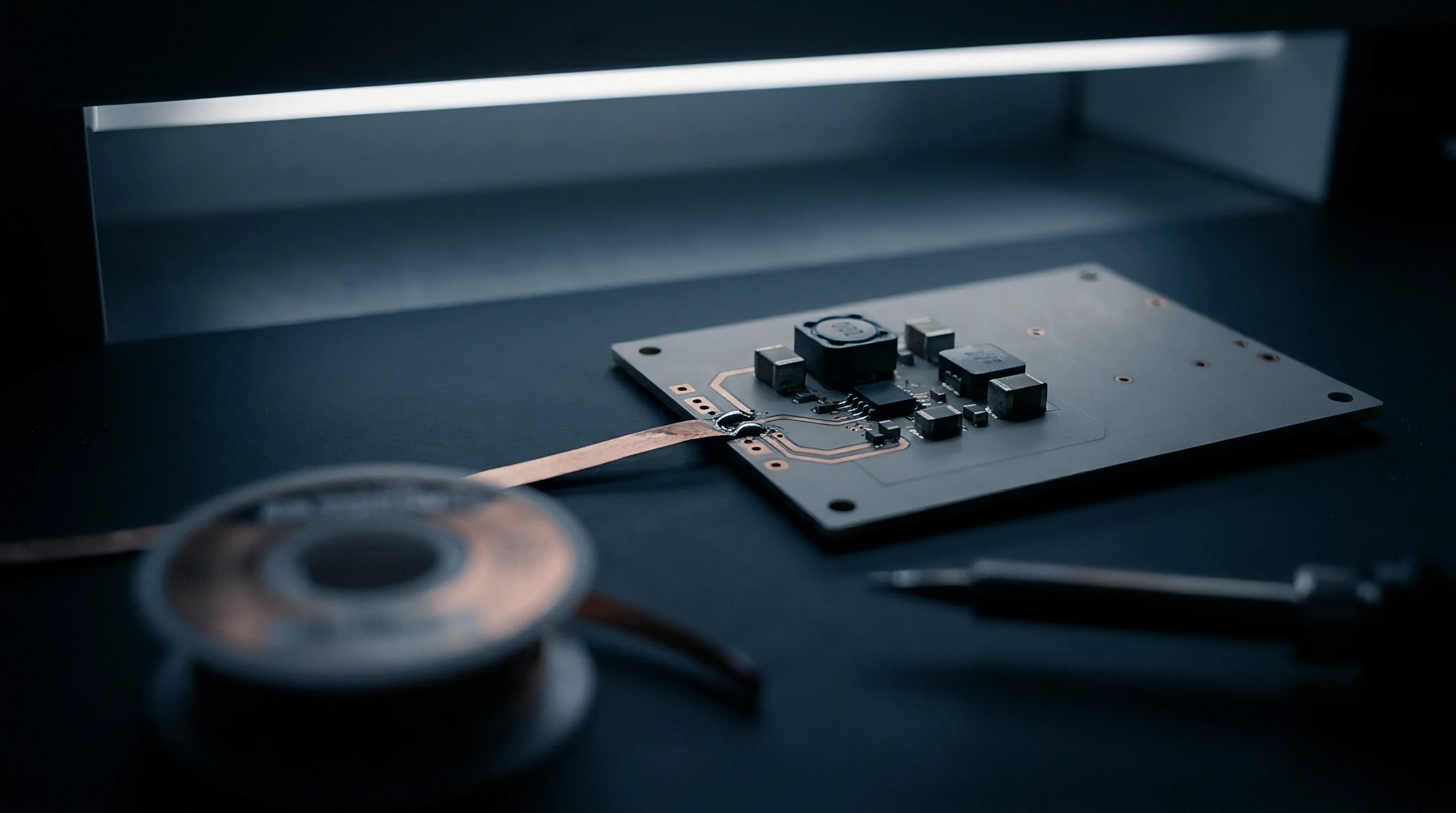 A dark assembly workbench features a printed circuit board connected to a metallic strip alongside a spool and soldering iron.