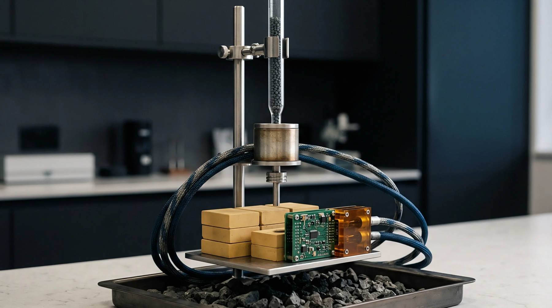 A populated printed circuit board assembly sits beneath a mechanical impact test rig mounted on a laboratory workbench with stacked bricks.