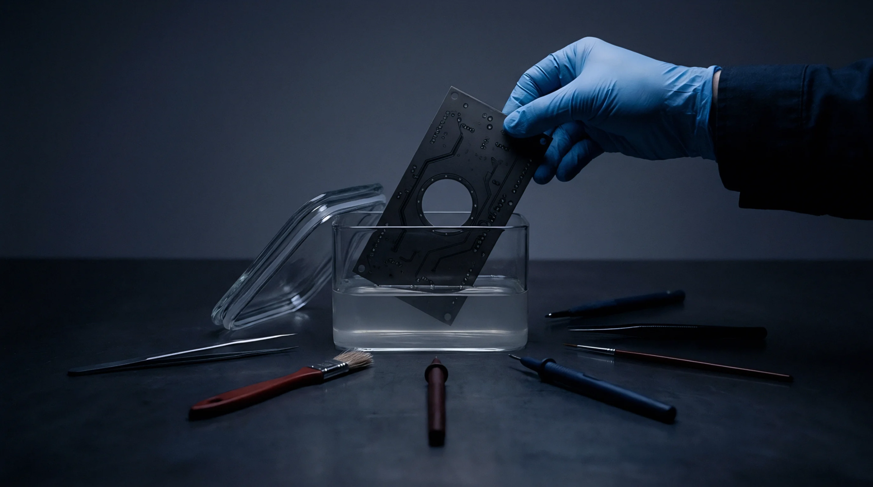 Blue nitrile gloves lower a black printed circuit board into a clear solvent bath among brushes tweezers and test probes.