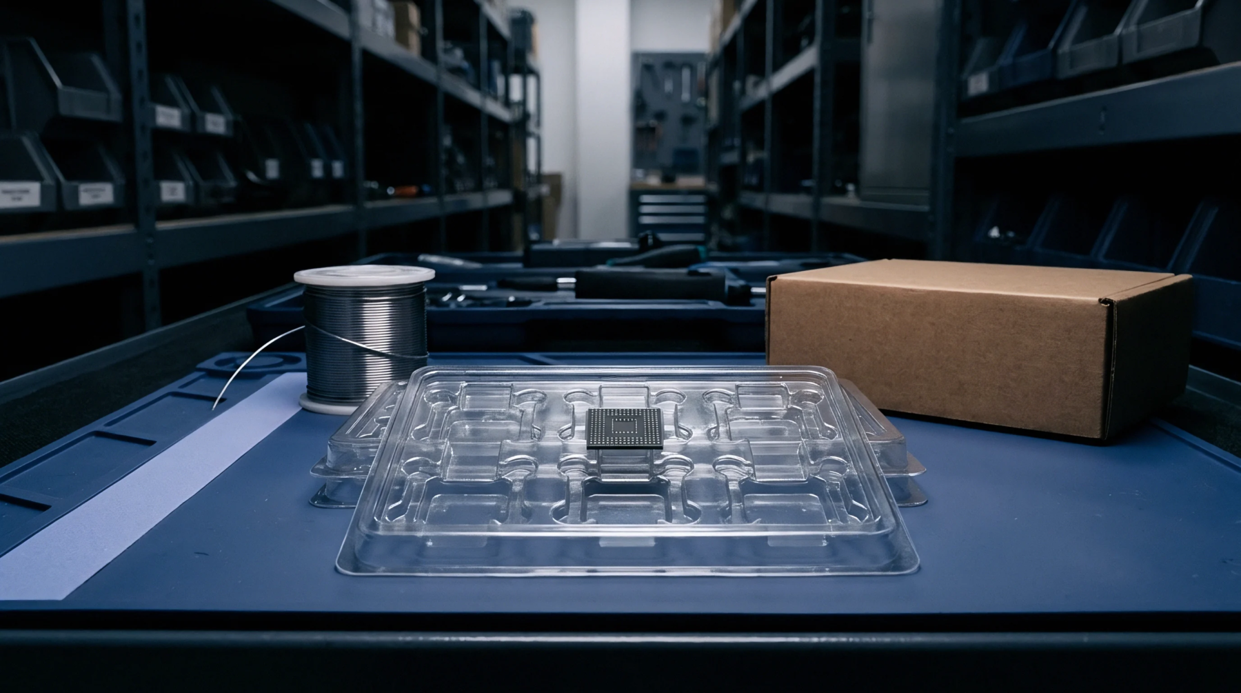 Integrated circuit rests centered on clear plastic component trays beside a spool of solder and a small cardboard package at a workstation.