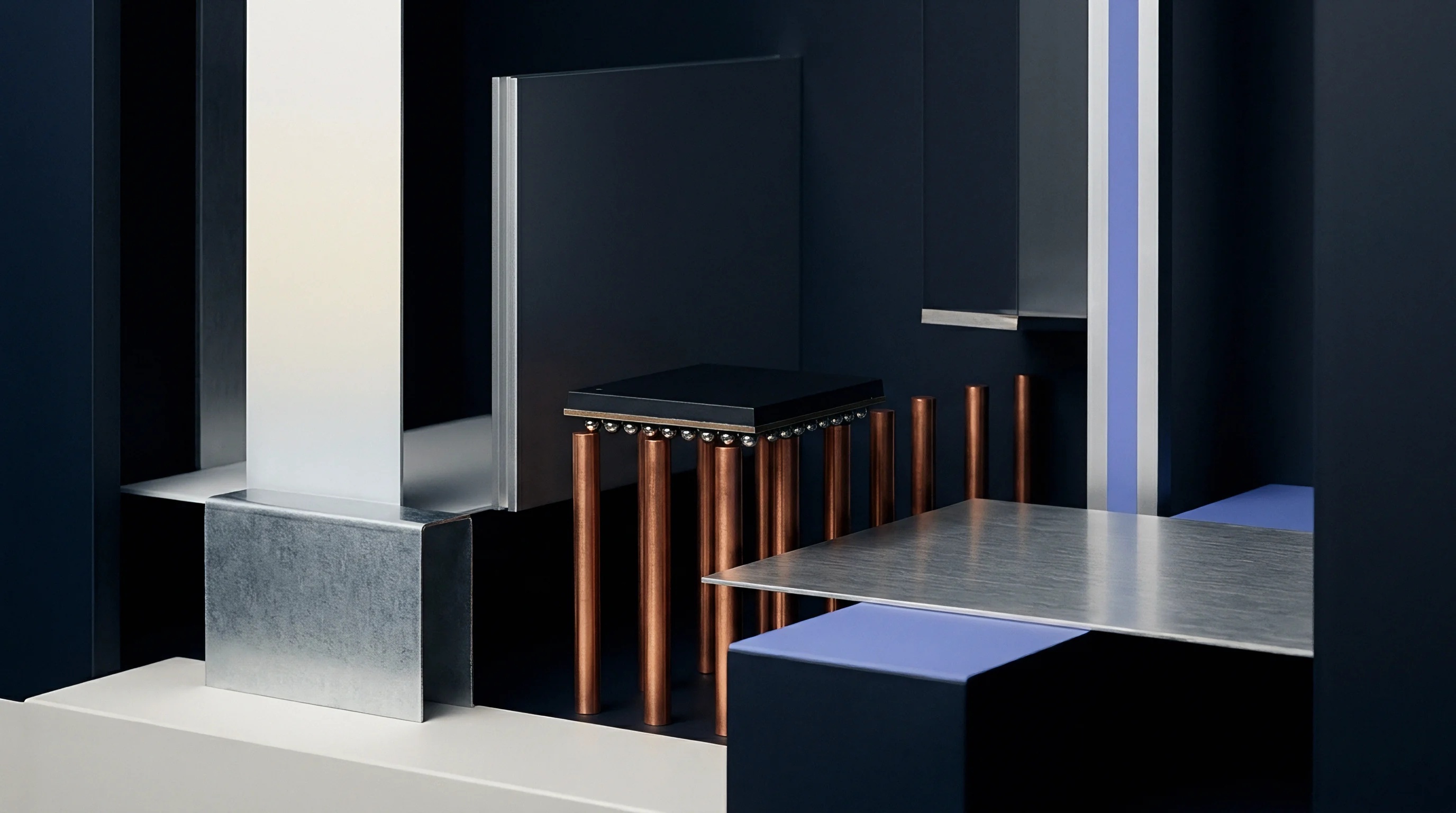 A rendered electronic assembly features a ball grid array semiconductor package supported by copper interconnect pillars within a geometric workspace.