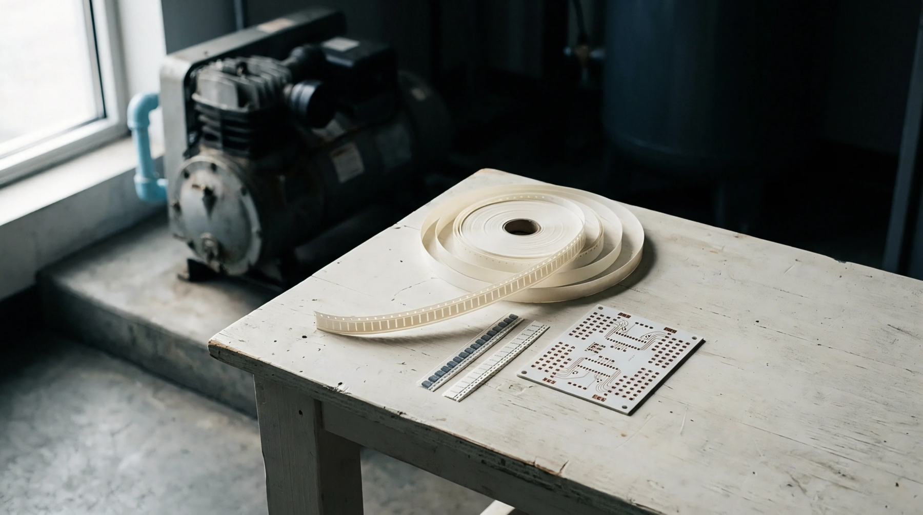 SMT components on a carrier tape reel and an unpopulated printed circuit board rest on a workbench inside a manufacturing facility.