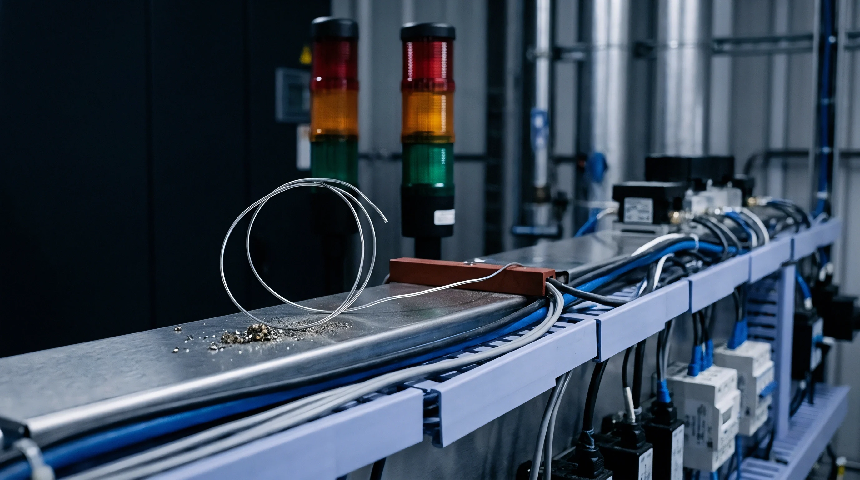Loose metallic filament and debris resting on an industrial control cabinet surface signifies potential contamination in an electronic manufacturing environment.
