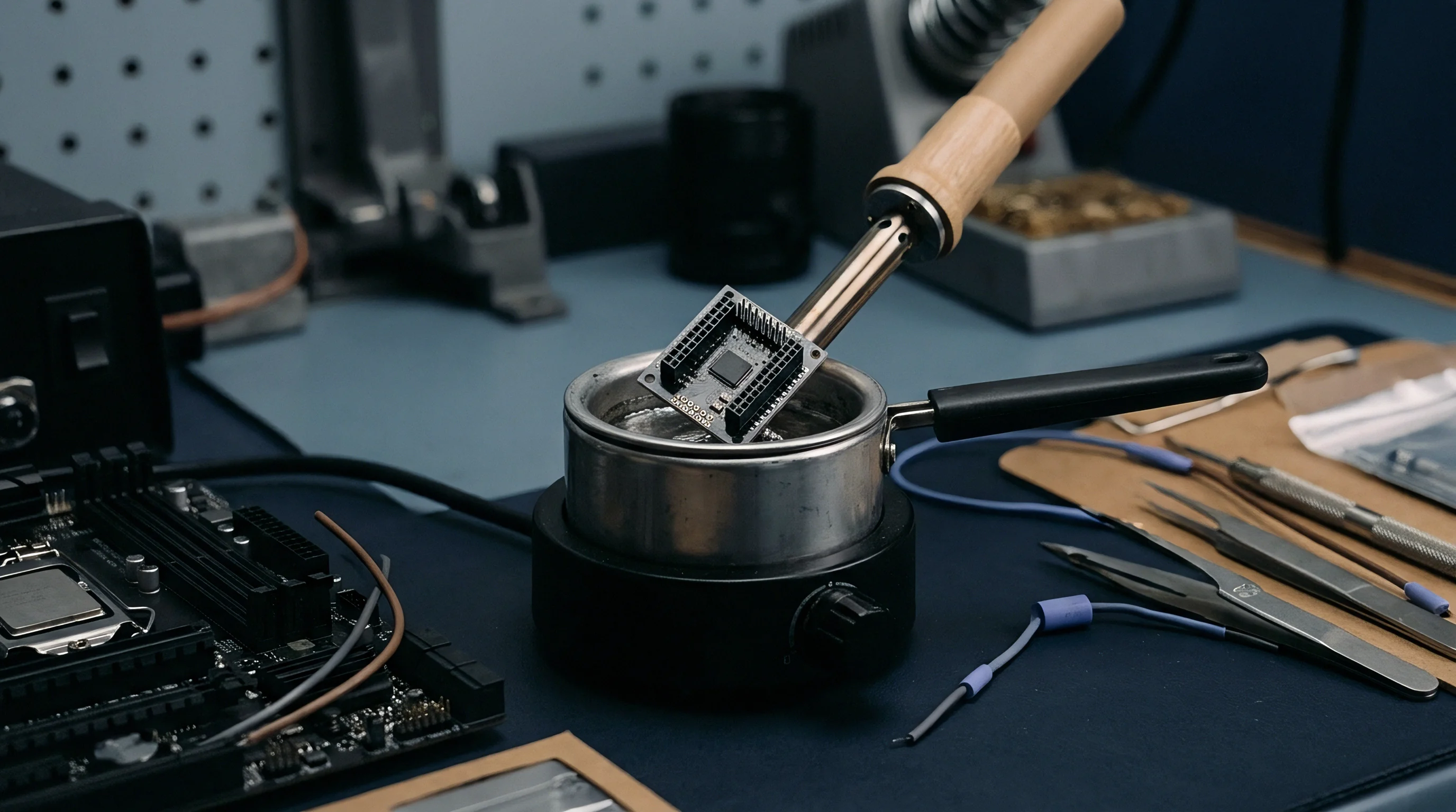 A small circuit board assembly with header pins is immersed in a solder pot containing molten solder on an electronics workbench.