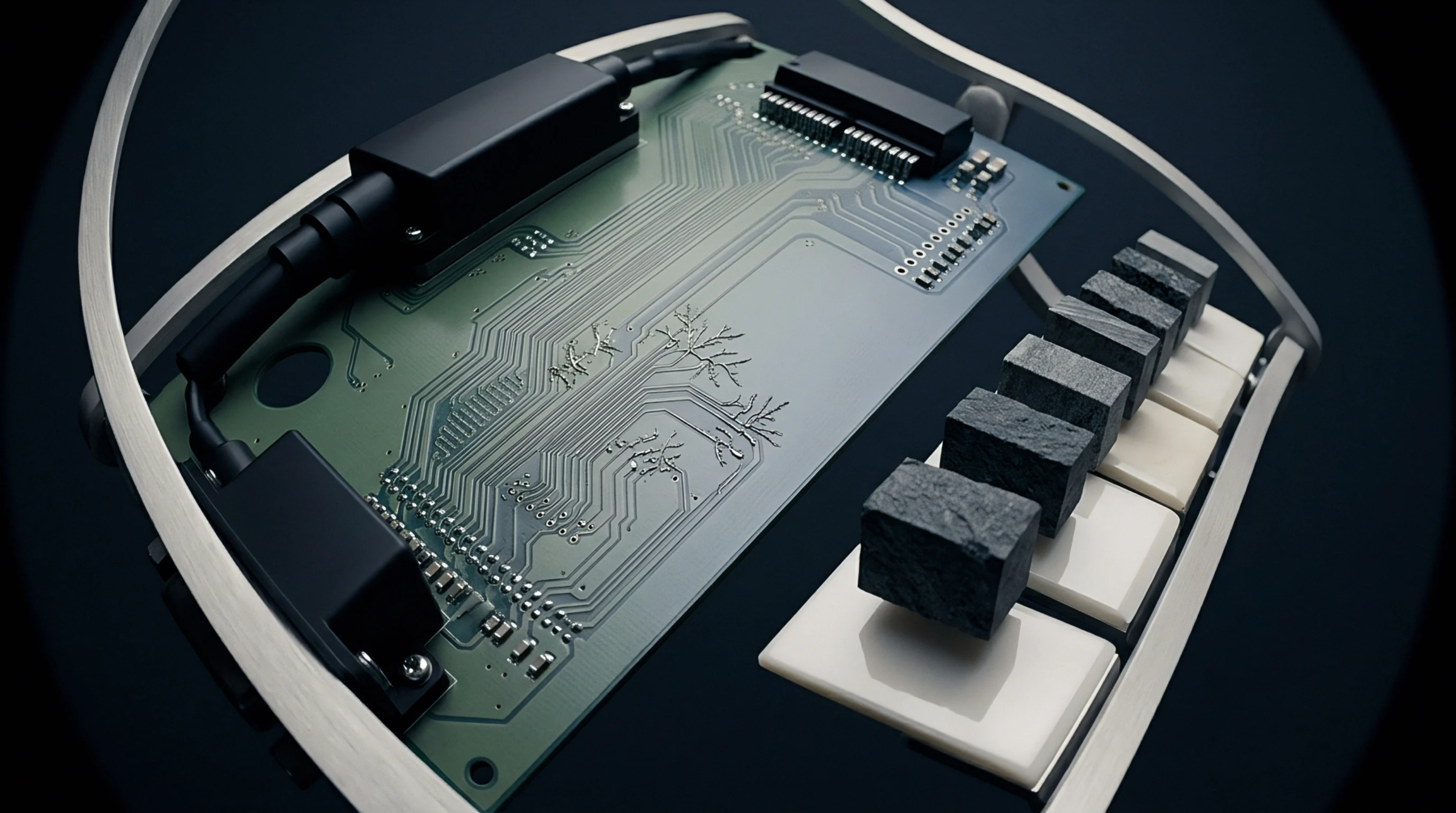 A green substrate featuring complex conductive trace routing mounts modular tactile input components within a curved support frame structure.