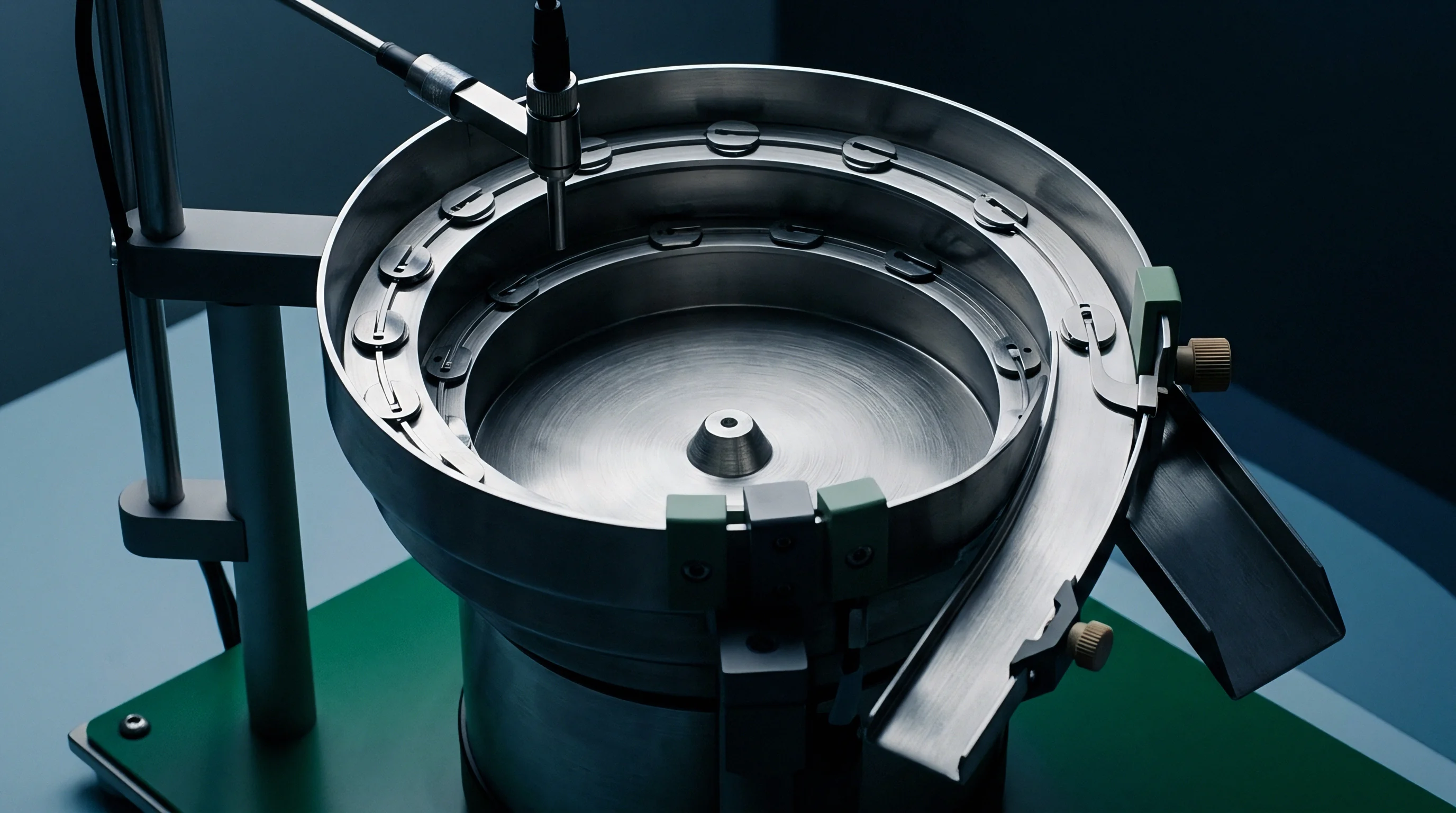 A stainless steel vibratory bowl feeder holds metallic fasteners along a spiral track during automated printed circuit board assembly preparation.